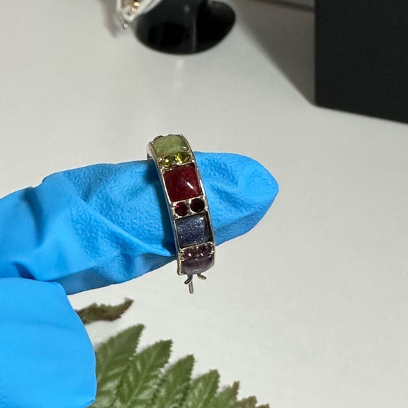 Signed Liz Claiborne Pierced Earrings Enamel Hoops Multicolor Rhinestone 3/4” - Picture 6 of 8